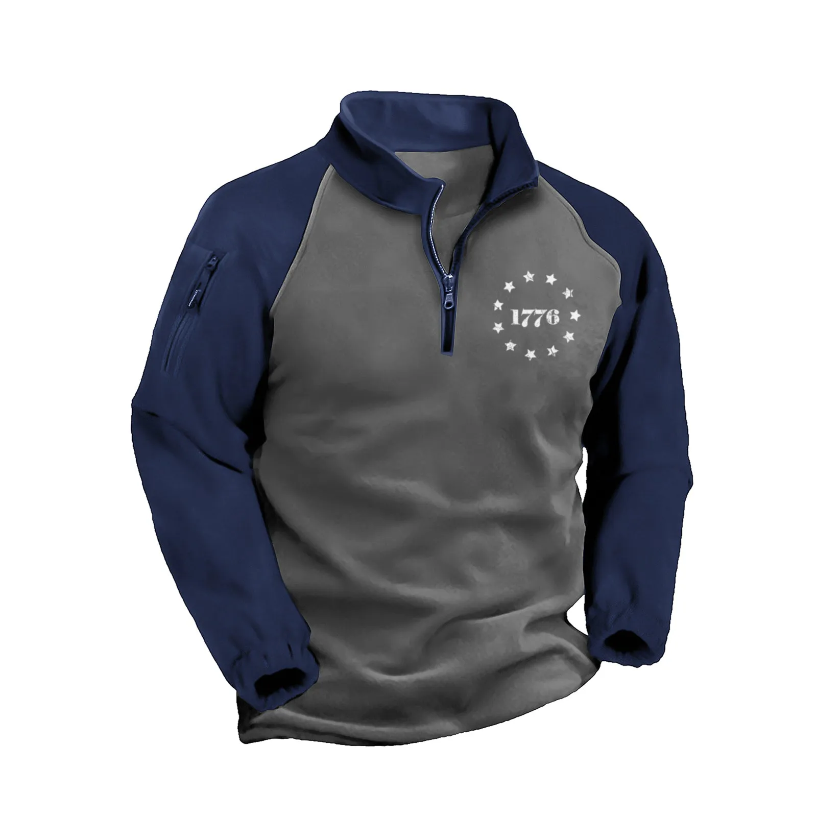 1776 STAR FLEECE CONTRAST COLOR RAGLAN  ZIPPER GRAPHIC POCKET SWEATSHIR