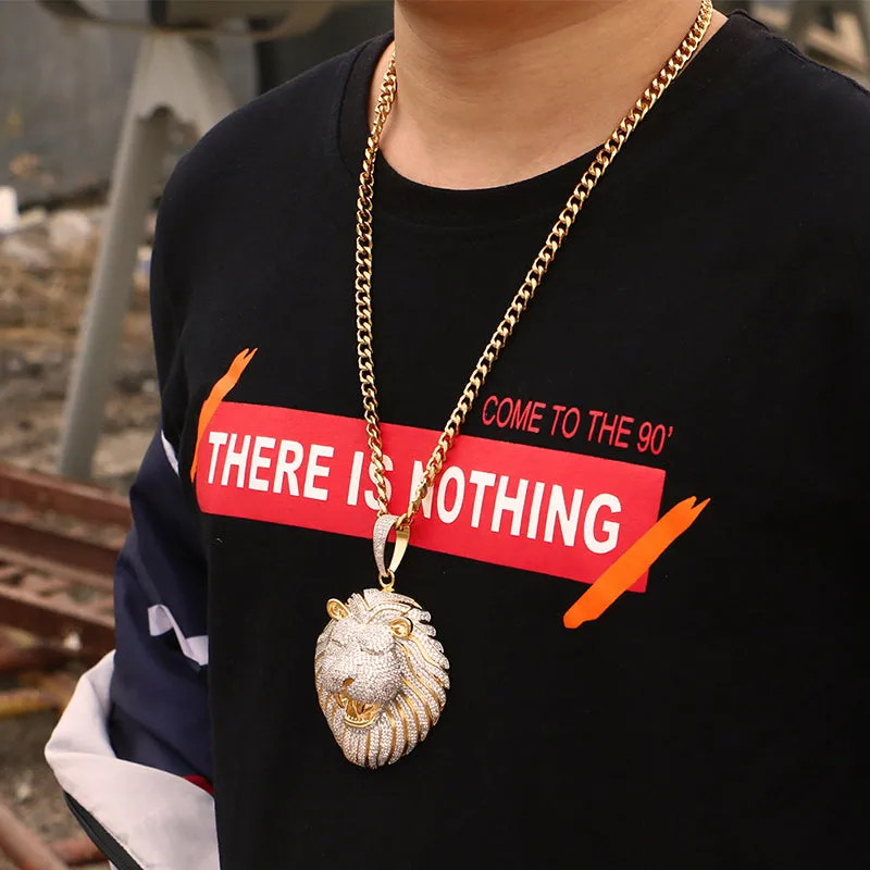 18K Gold Plated Necklace- Lion Head Pendant- Iced Out Lion Head Necklace