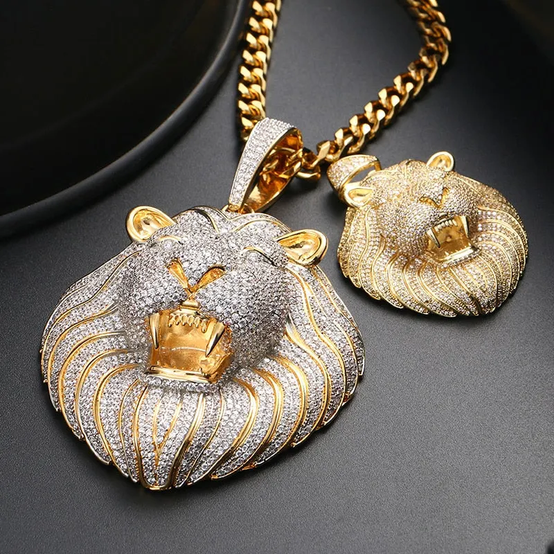 18K Gold Plated Necklace- Lion Head Pendant- Iced Out Lion Head Necklace