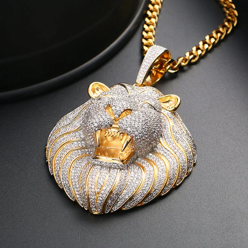 18K Gold Plated Necklace- Lion Head Pendant- Iced Out Lion Head Necklace