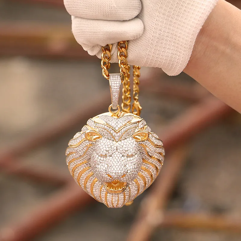 18K Gold Plated Necklace- Lion Head Pendant- Iced Out Lion Head Necklace