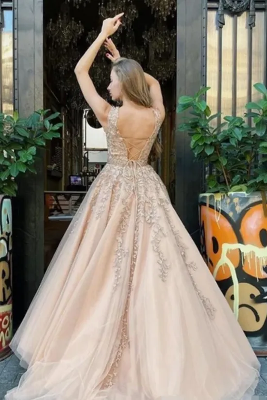 A Line Bateau Neckline Beadings Sash Prom Gown Champagne Appliques Lace Up Back Prom SJSP9H7T9ZJ