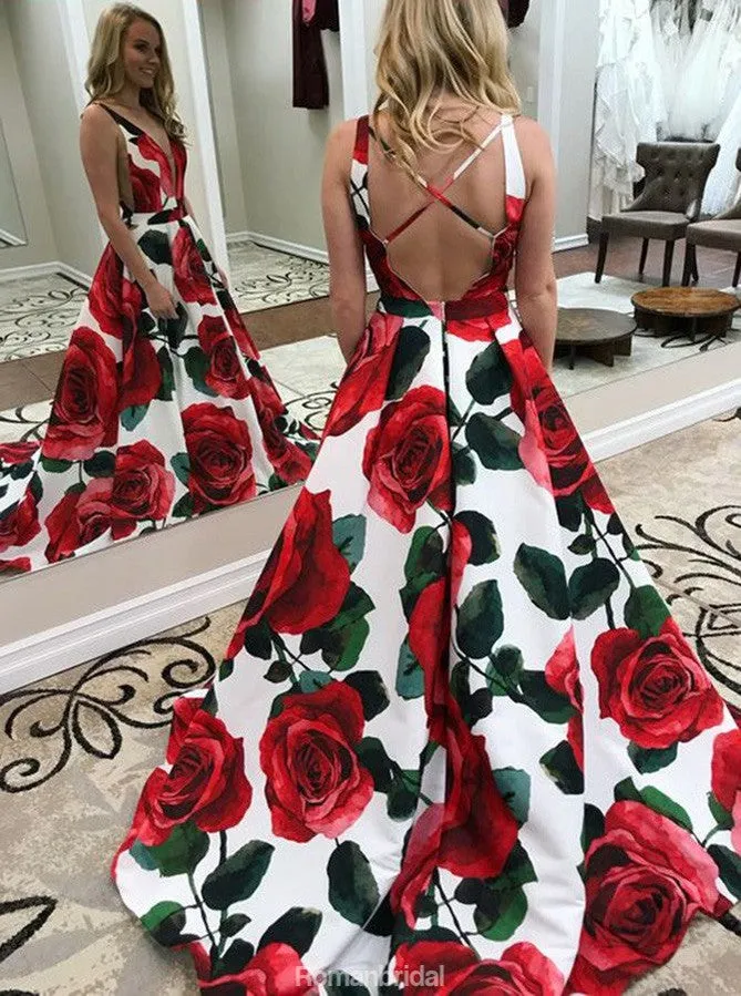 A-Line Floor-length Deep V-Neck  Sleeveless Backless Satin evening Dress, long prom dresses, PD0527