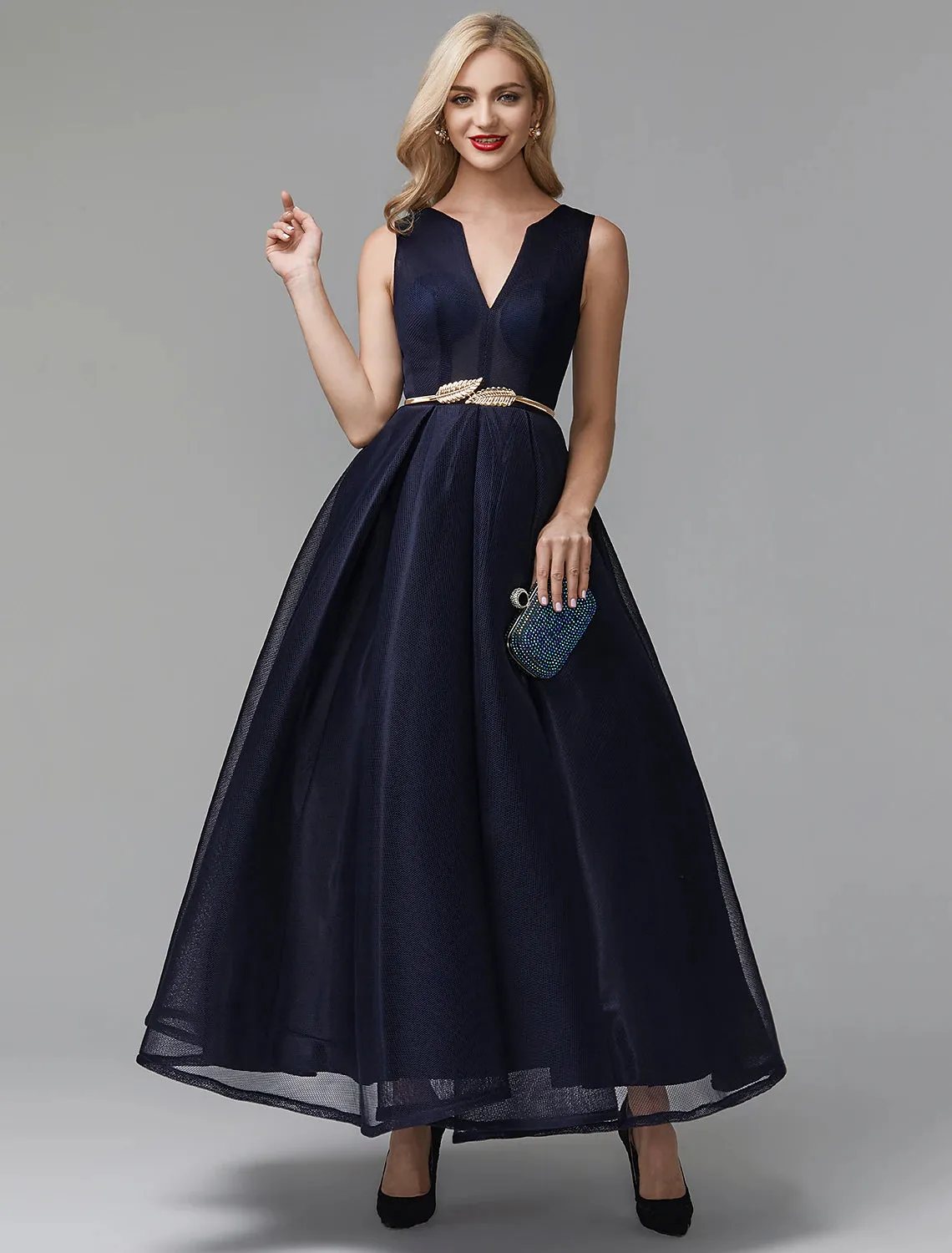 A-Line Little Black Dress Dress Wedding Guest Cocktail Party Ankle Length Sleeveless V Wire Spandex with Sash / Ribbon