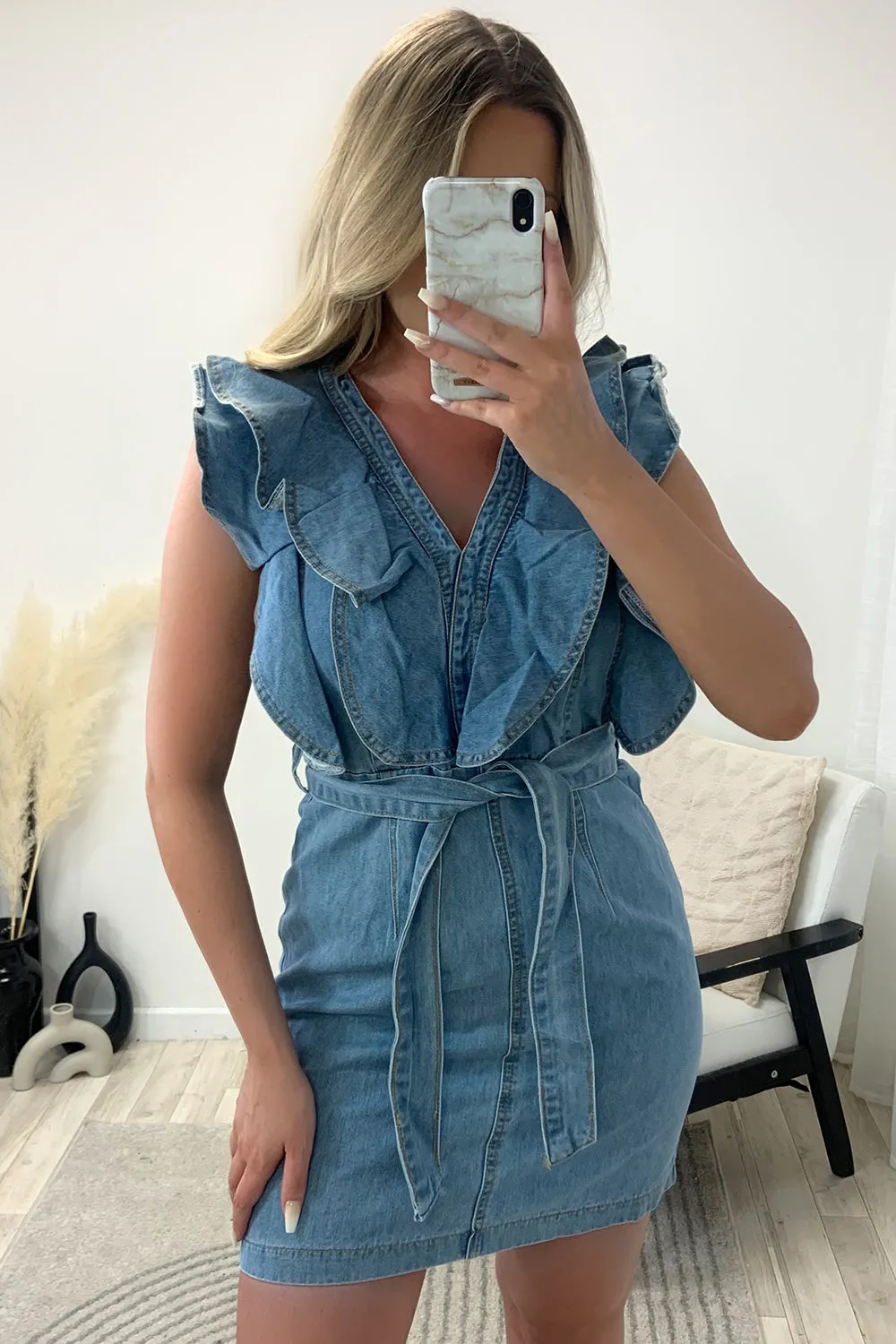 Alira Blue Double Frill Tie Waist Sleeveless Denim Mini Dress
