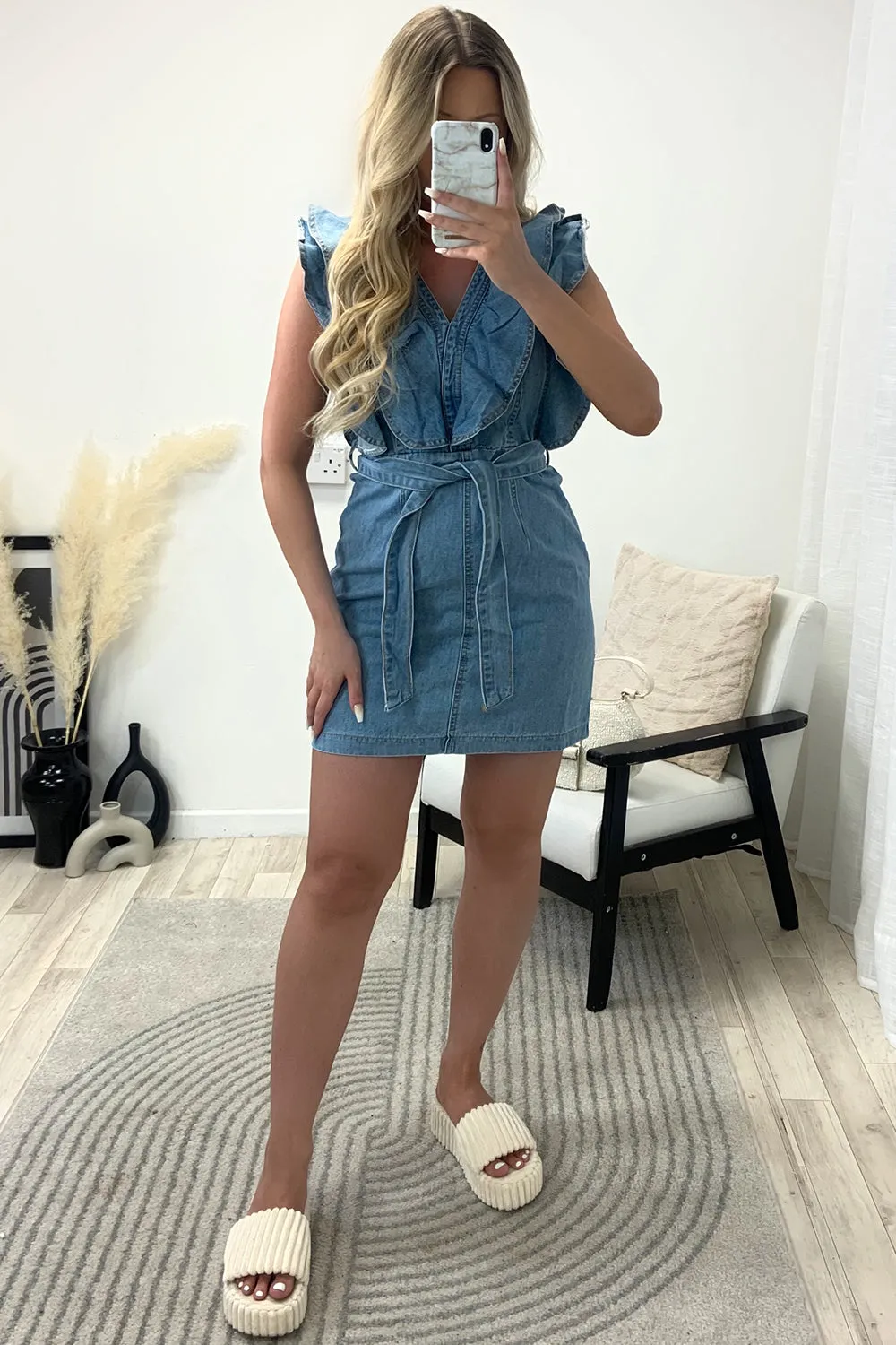 Alira Blue Double Frill Tie Waist Sleeveless Denim Mini Dress
