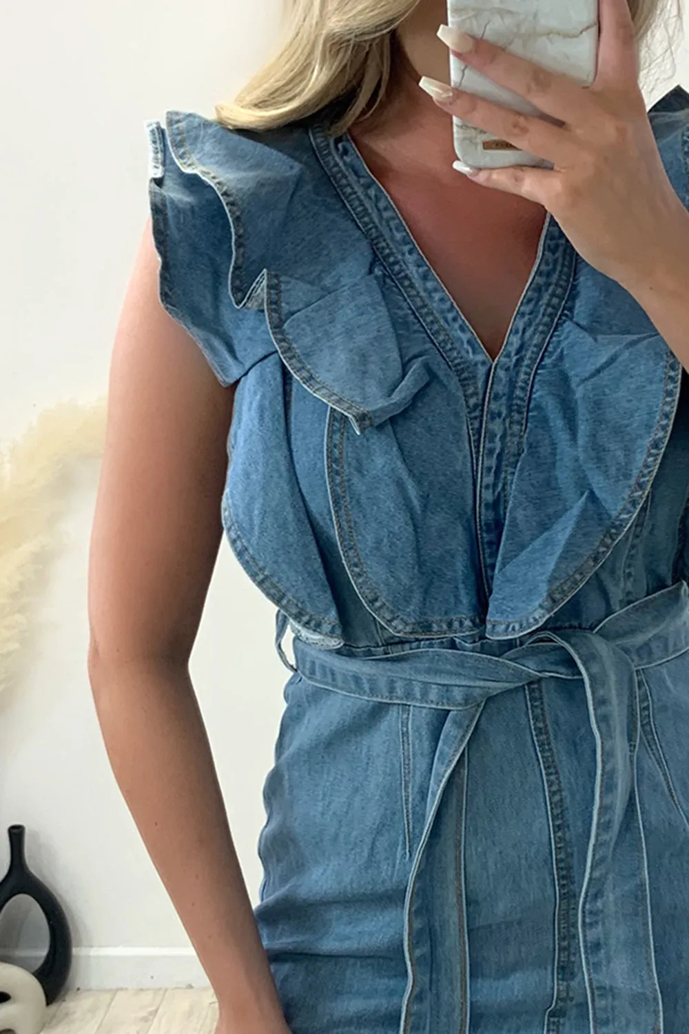 Alira Blue Double Frill Tie Waist Sleeveless Denim Mini Dress