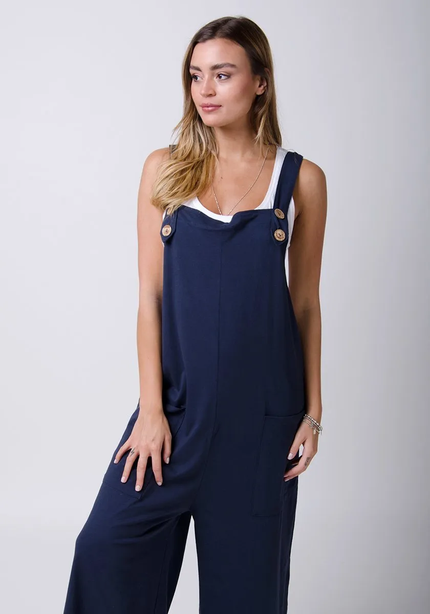 AMBER Loose Fit Jersey Dungarees - Navy