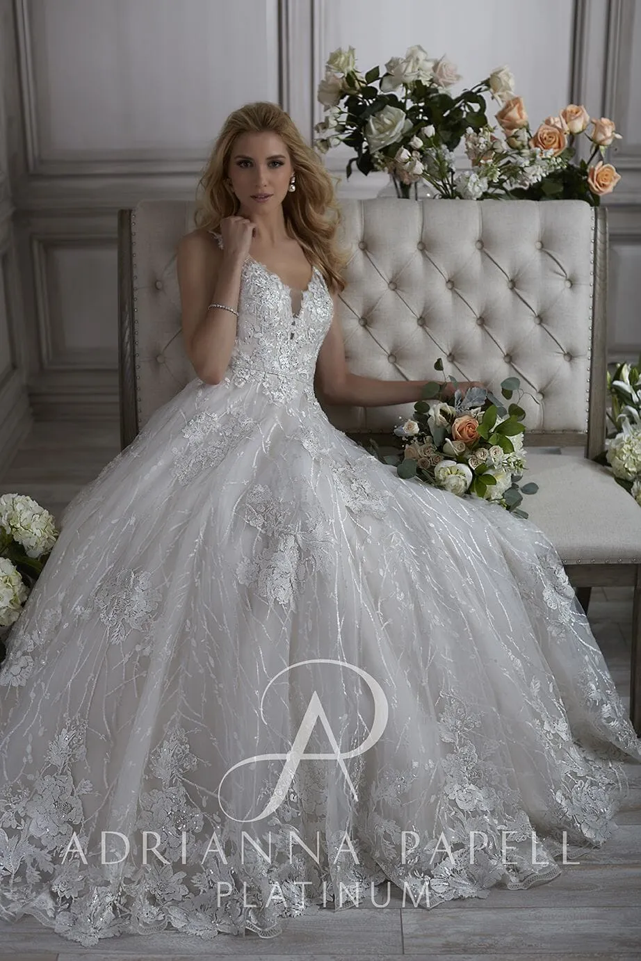 Applique V-Neck Wedding Dress by Adrianna Papell 31076 Louisa