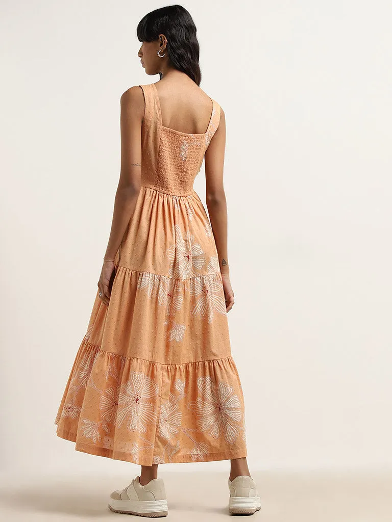 Bombay Paisley Orange Floral Design Tiered Cotton Dress