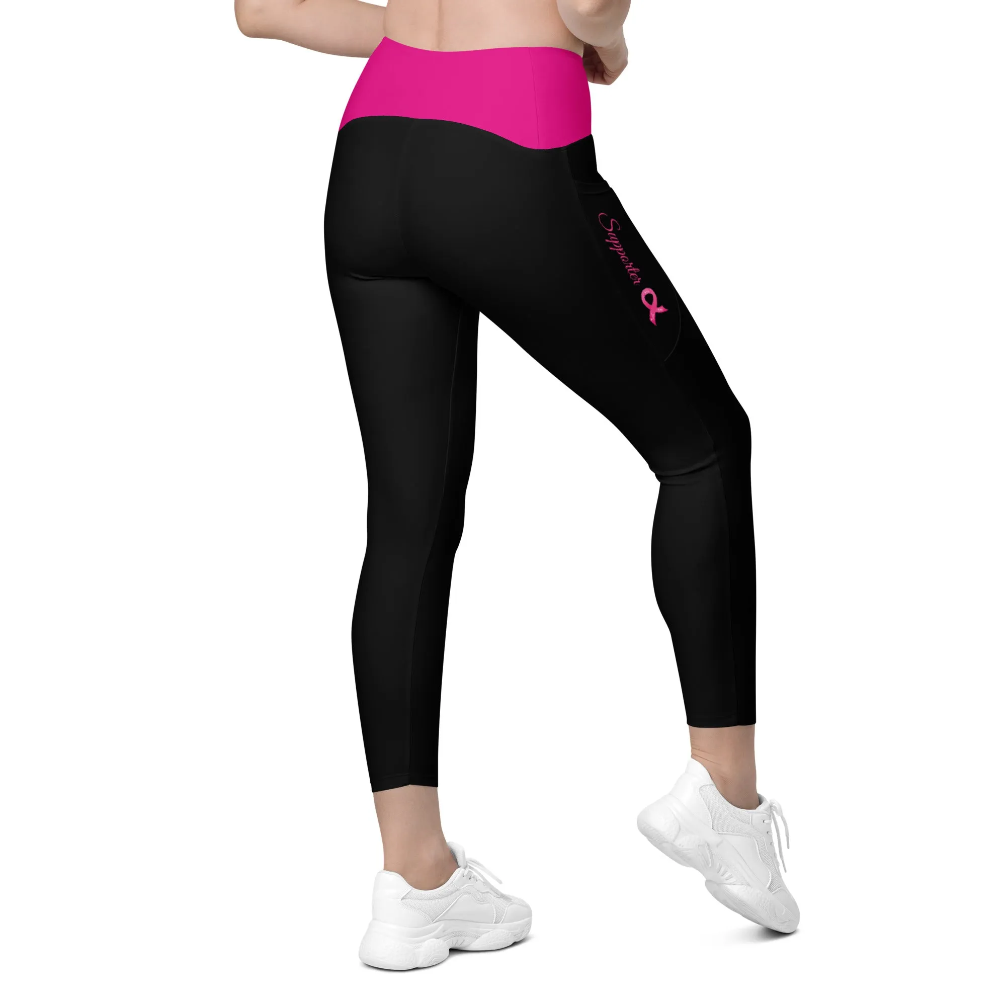 Breast Cancer "Supporter" Crossover Waist Leggings with Pockets (Black/Pink)