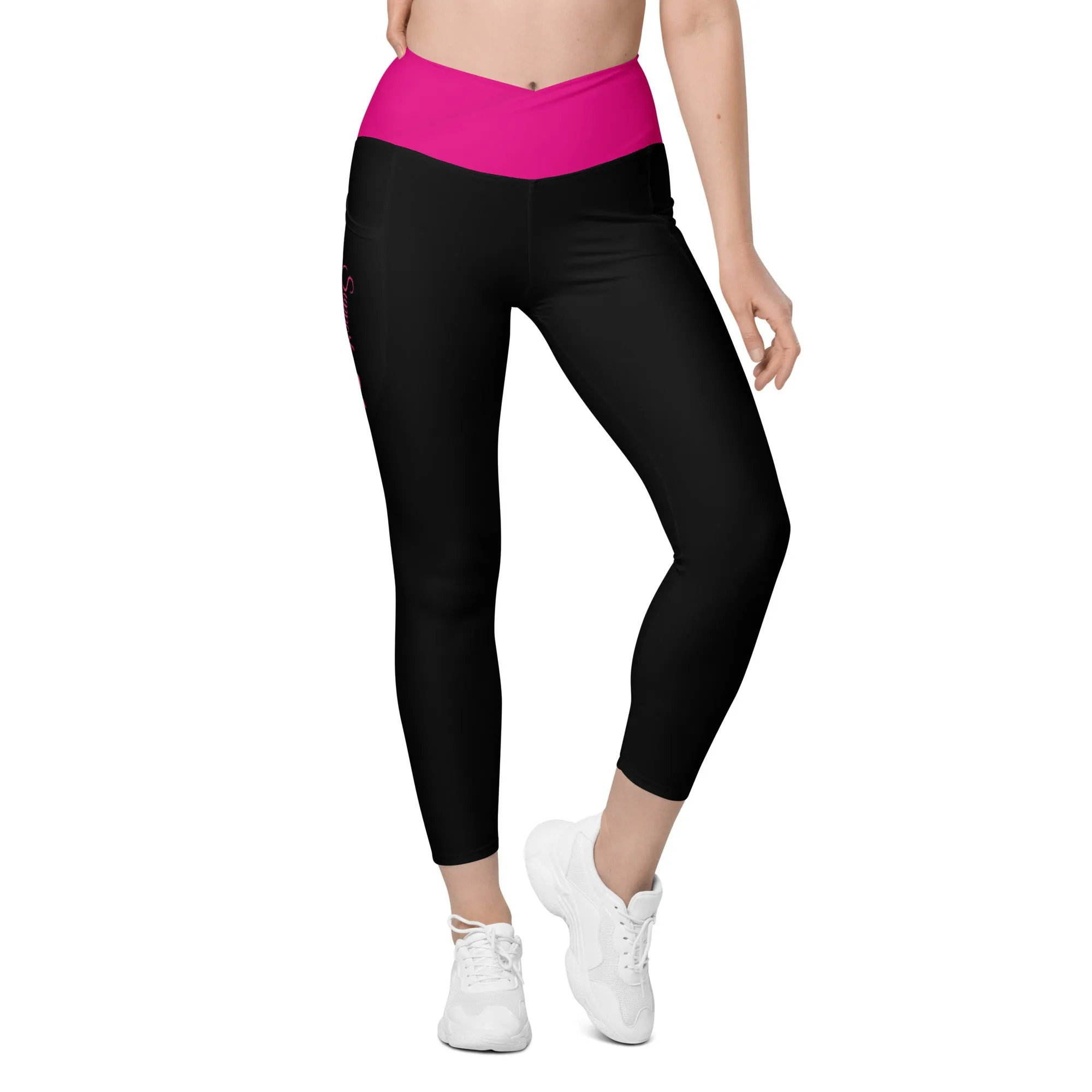 Breast Cancer "Supporter" Crossover Waist Leggings with Pockets (Black/Pink)