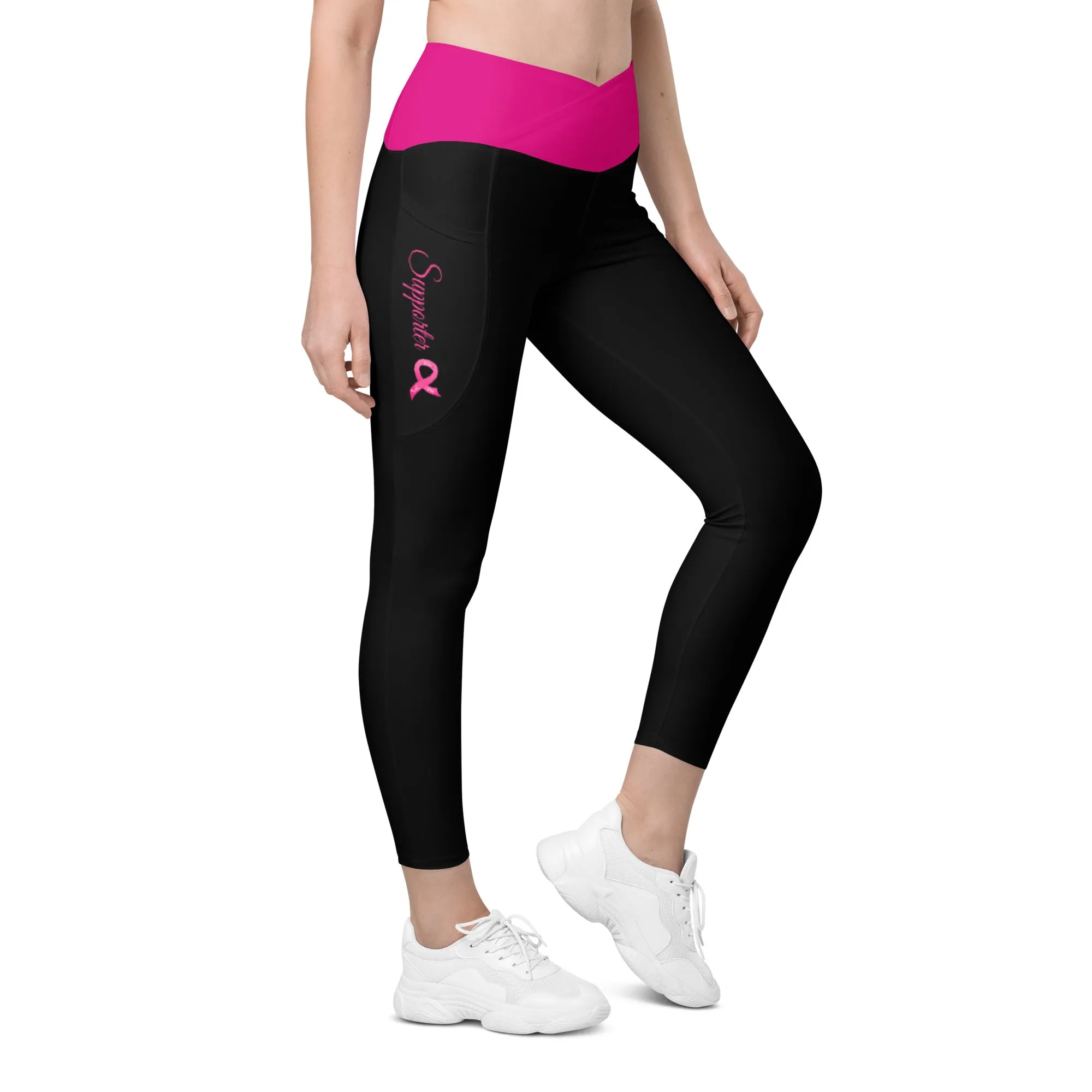 Breast Cancer "Supporter" Crossover Waist Leggings with Pockets (Black/Pink)