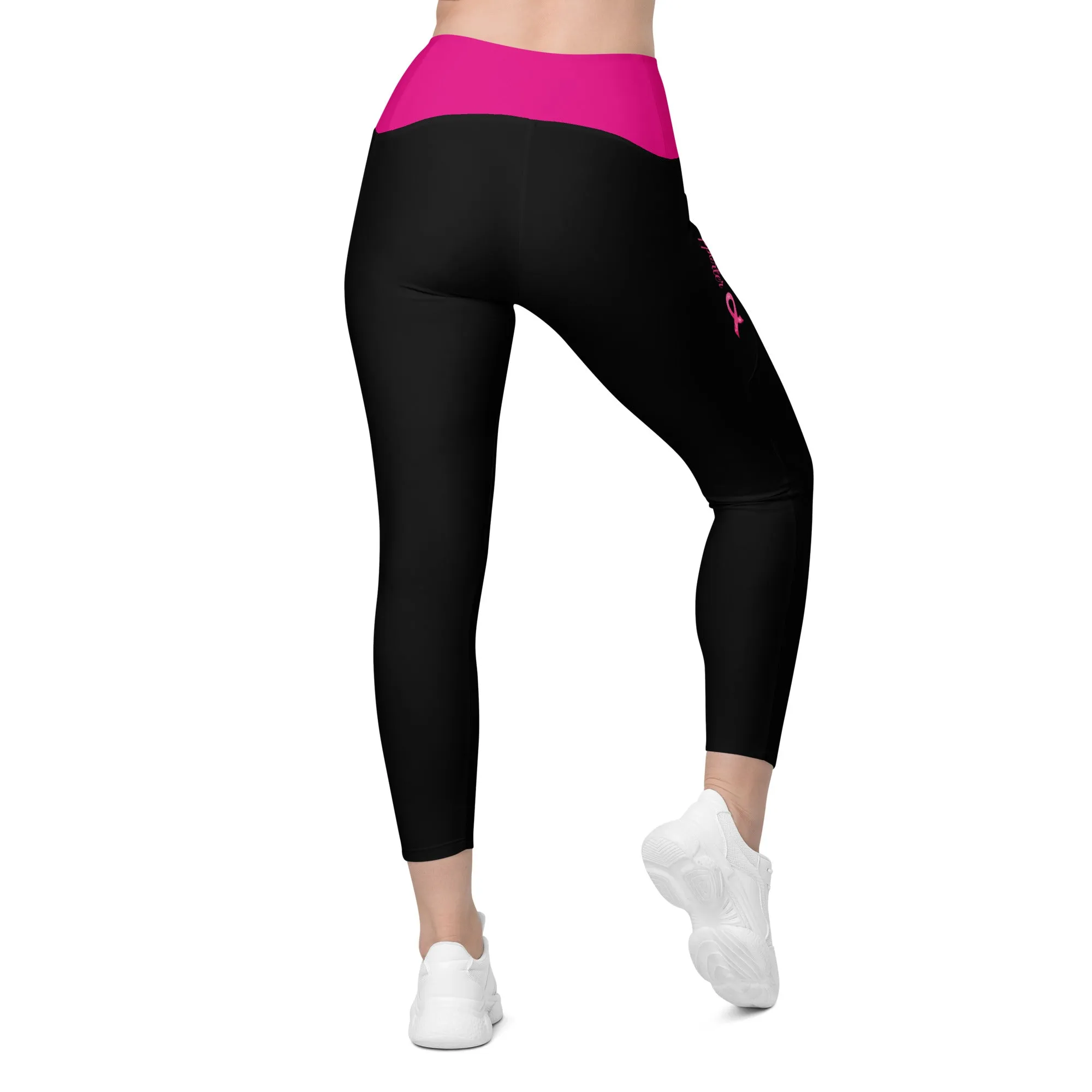 Breast Cancer "Supporter" Crossover Waist Leggings with Pockets (Black/Pink)
