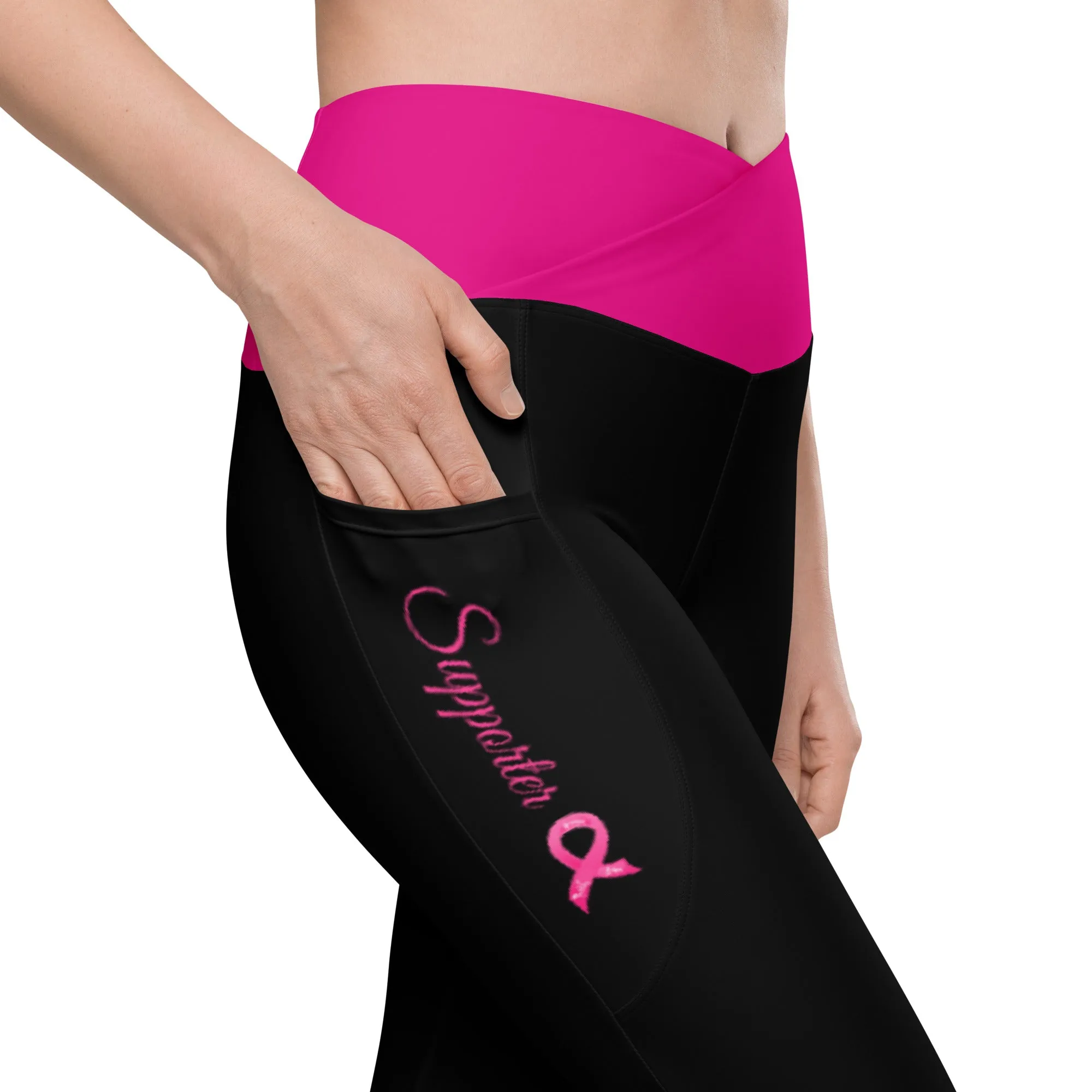 Breast Cancer "Supporter" Crossover Waist Leggings with Pockets (Black/Pink)