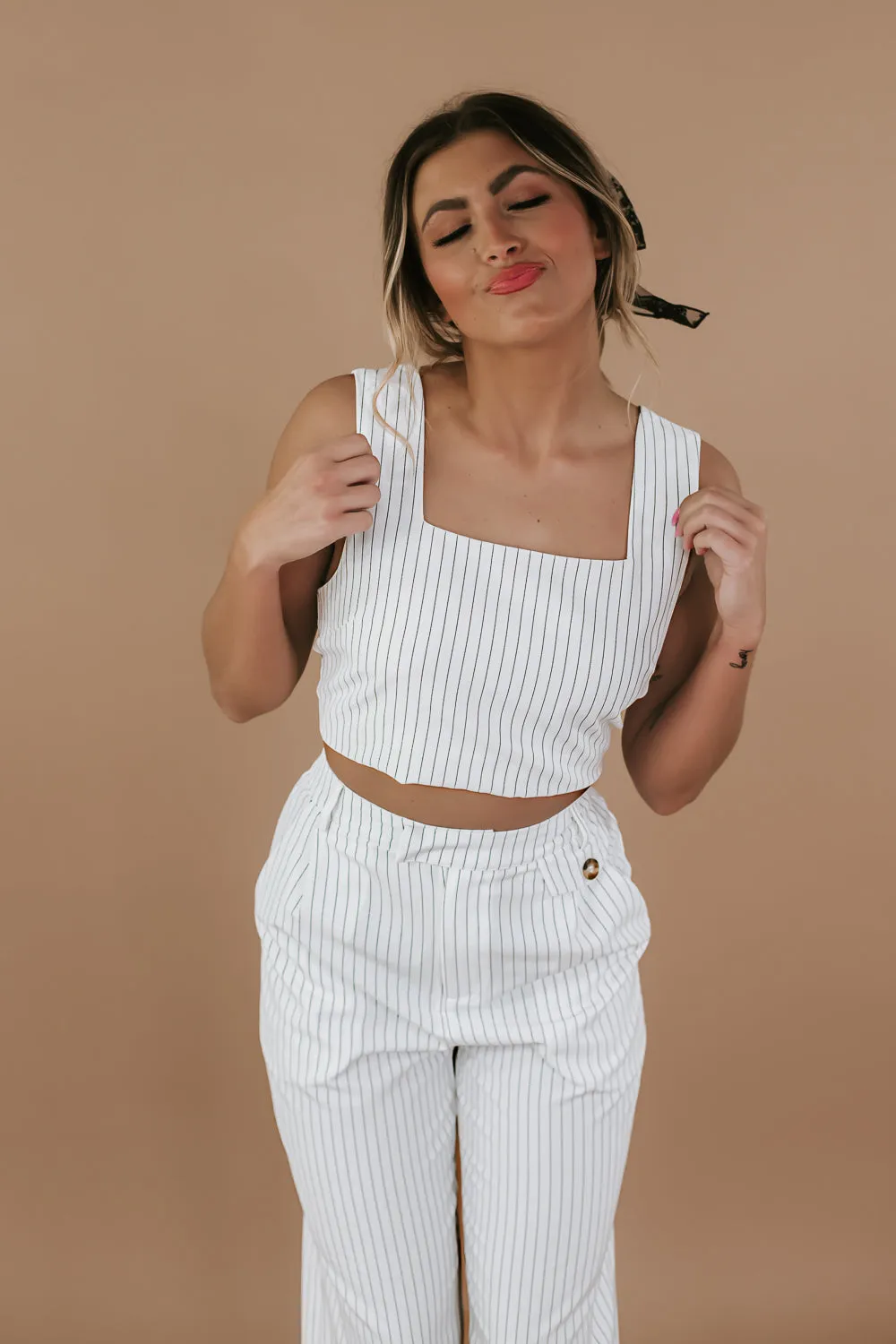 Classy Pin Stripe Set, White