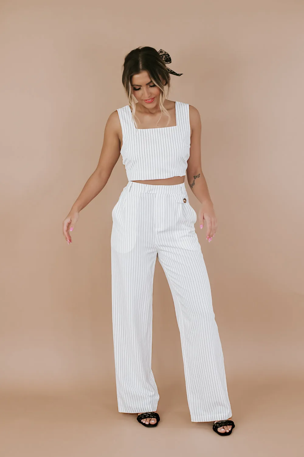Classy Pin Stripe Set, White