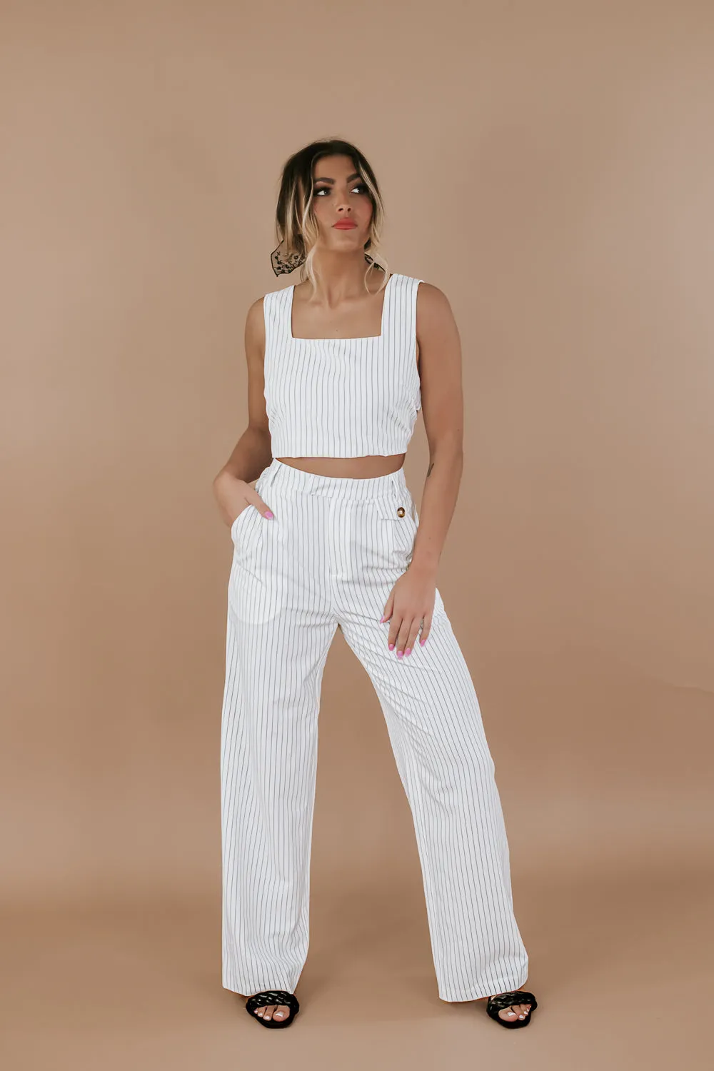 Classy Pin Stripe Set, White