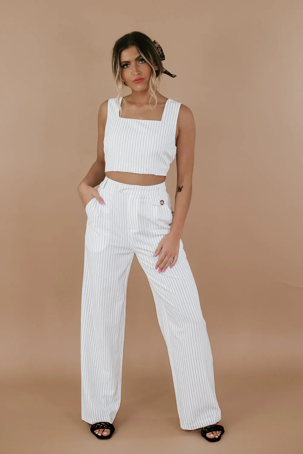 Classy Pin Stripe Set, White
