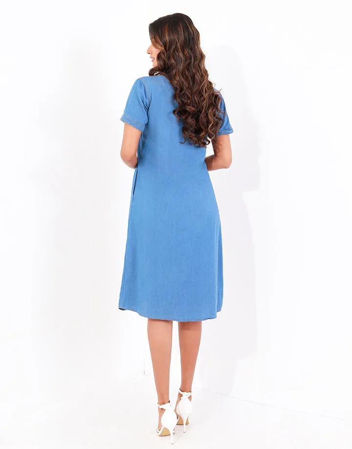 Collared Midi Denim Dress with Pockets