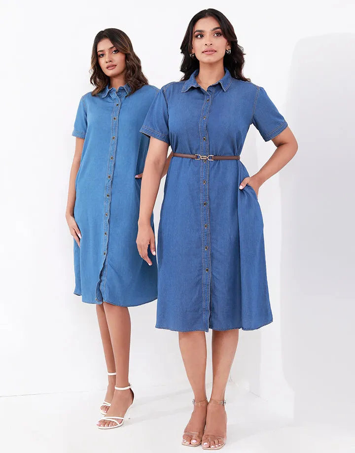 Collared Midi Denim Dress with Pockets