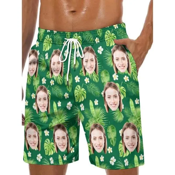 Couple Matching Swimwear Custom Face Green Leaves Full Print Open Chest Bikini Women's Adjustable Halter Neck Straps Bikini Set & Men's Swim Shorts