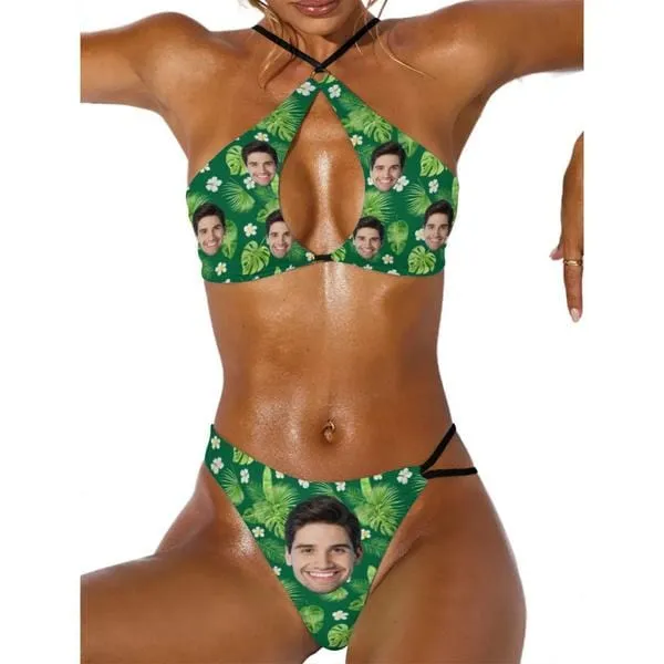 Couple Matching Swimwear Custom Face Green Leaves Full Print Open Chest Bikini Women's Adjustable Halter Neck Straps Bikini Set & Men's Swim Shorts