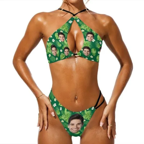 Couple Matching Swimwear Custom Face Green Leaves Full Print Open Chest Bikini Women's Adjustable Halter Neck Straps Bikini Set & Men's Swim Shorts