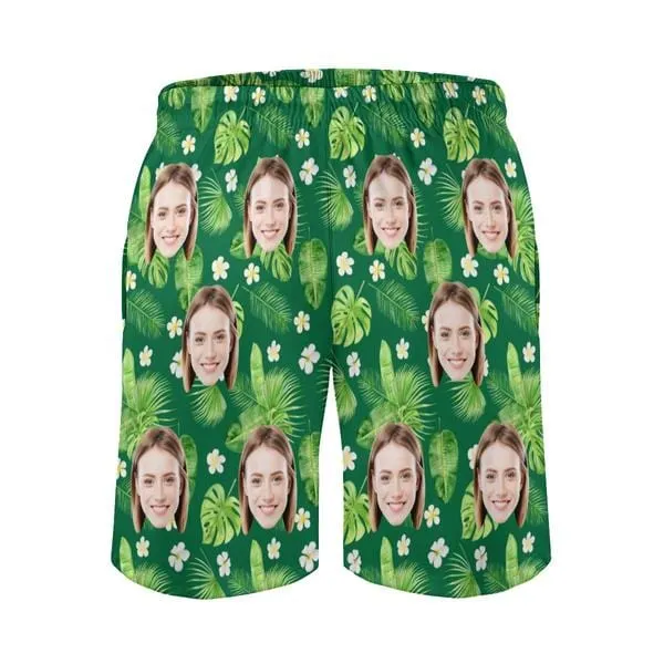 Couple Matching Swimwear Custom Face Green Leaves Full Print Open Chest Bikini Women's Adjustable Halter Neck Straps Bikini Set & Men's Swim Shorts