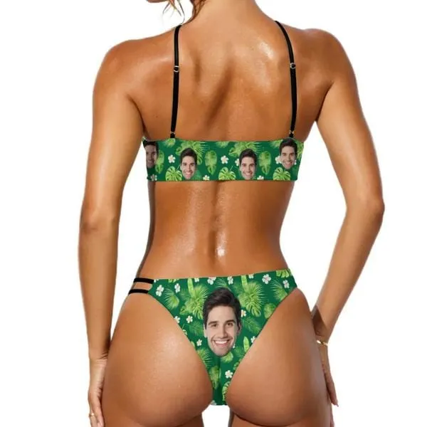 Couple Matching Swimwear Custom Face Green Leaves Full Print Open Chest Bikini Women's Adjustable Halter Neck Straps Bikini Set & Men's Swim Shorts