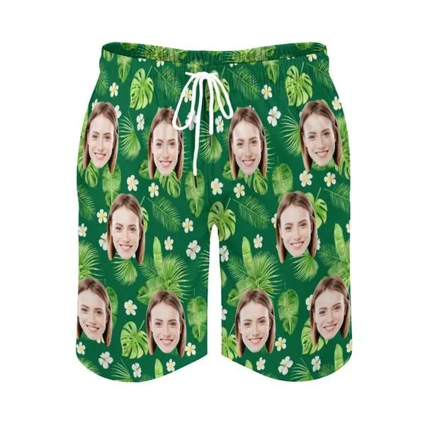 Couple Matching Swimwear Custom Face Green Leaves Full Print Open Chest Bikini Women's Adjustable Halter Neck Straps Bikini Set & Men's Swim Shorts
