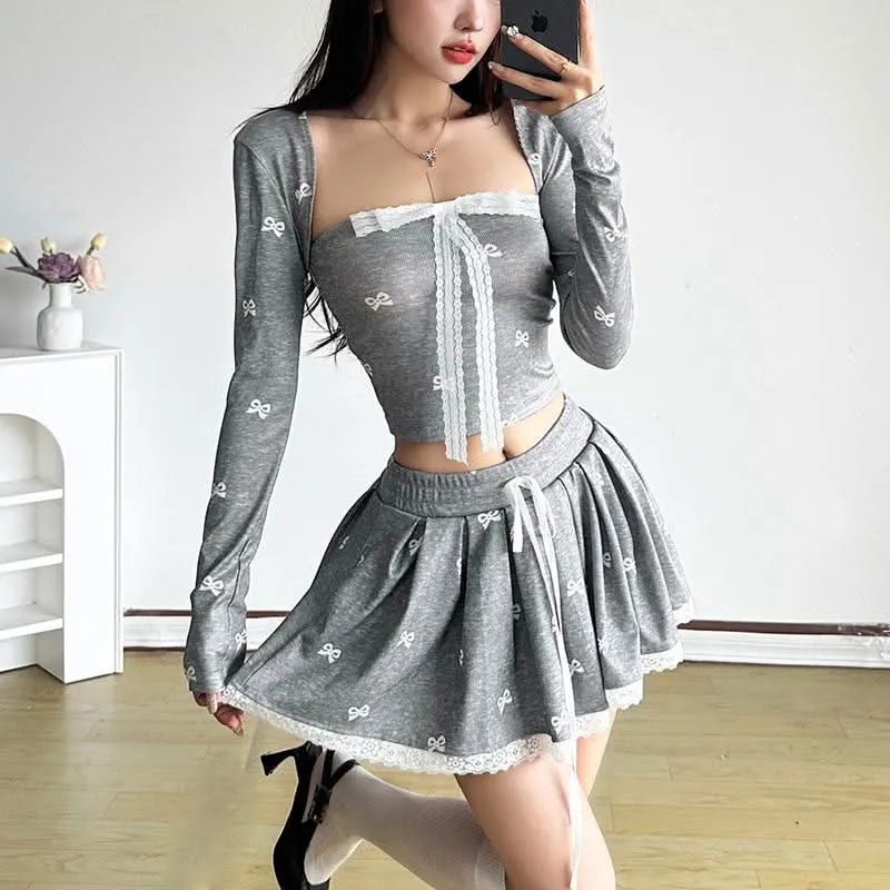 Drawstring lace hem bowknot print A line mini skirt