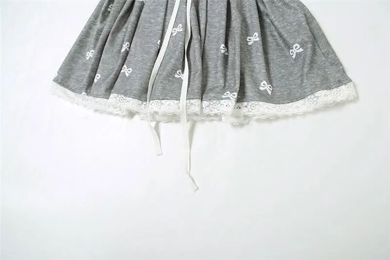 Drawstring lace hem bowknot print A line mini skirt
