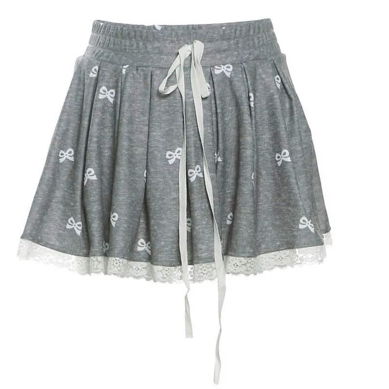 Drawstring lace hem bowknot print A line mini skirt