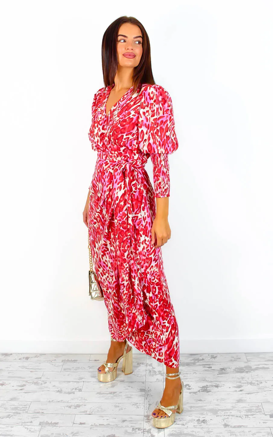 Drive Em Wild - Red Beige Animal Print Midi Wrap Dress