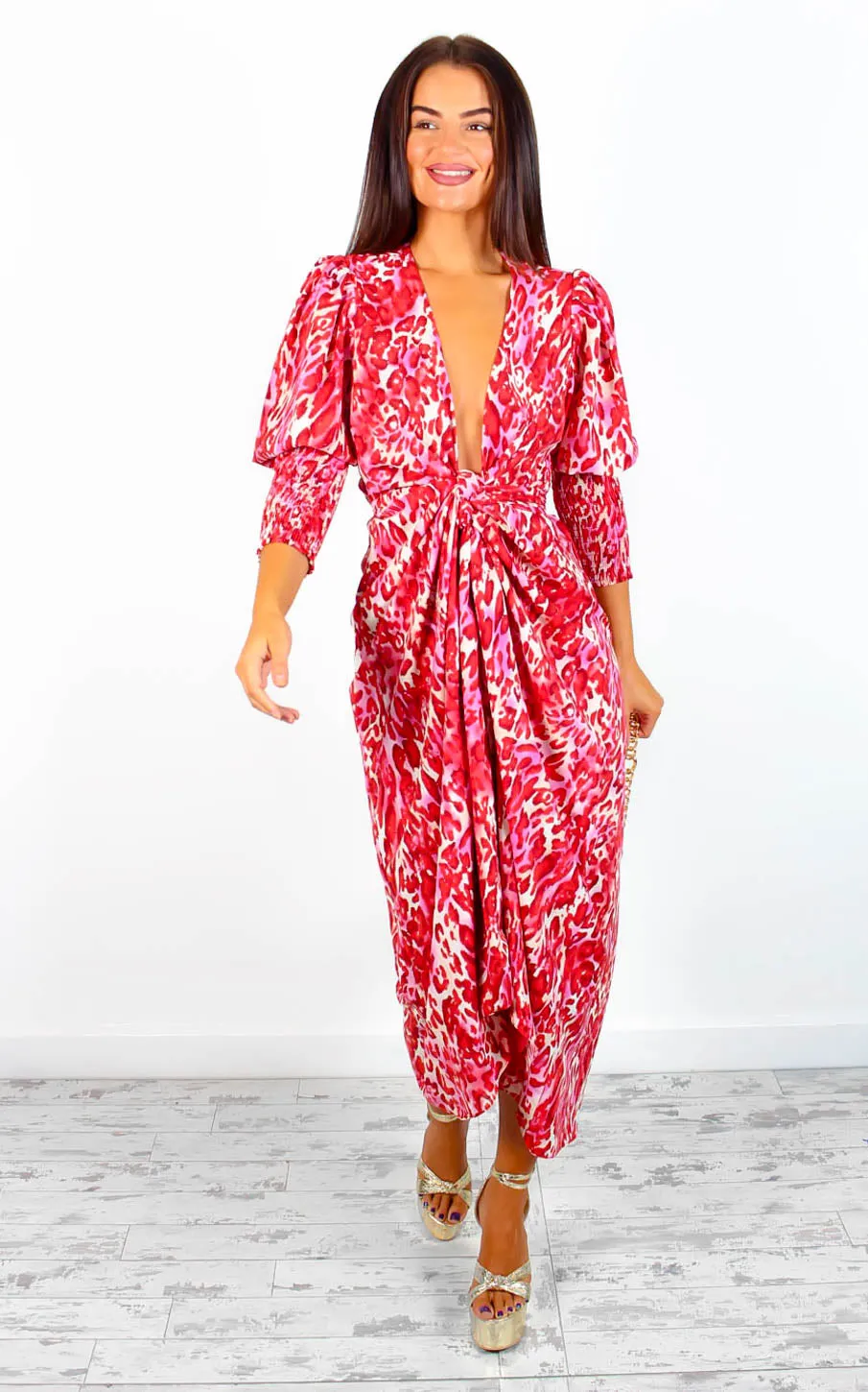 Drive Em Wild - Red Beige Animal Print Midi Wrap Dress