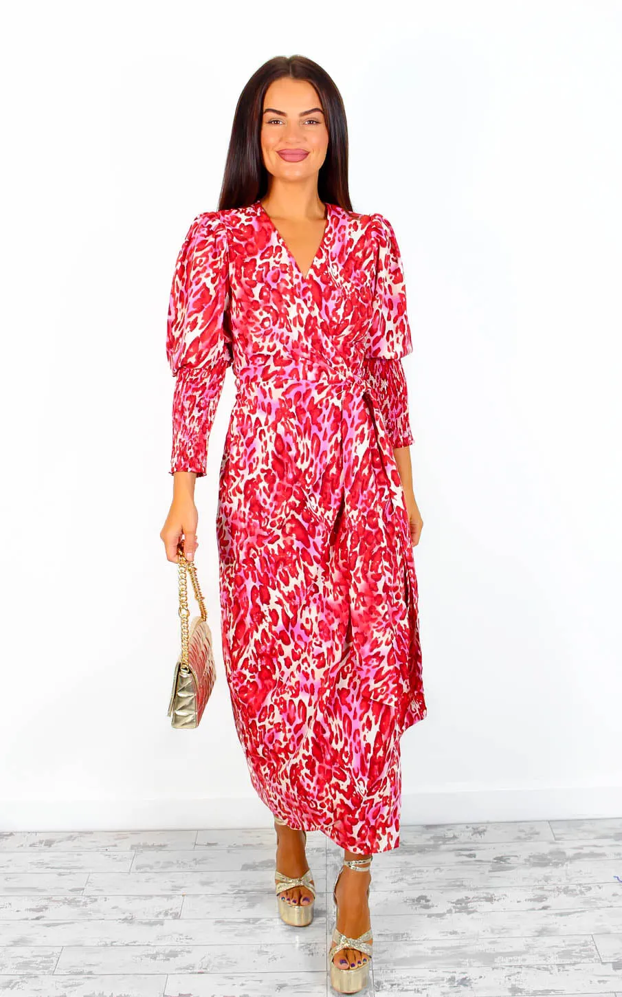 Drive Em Wild - Red Beige Animal Print Midi Wrap Dress