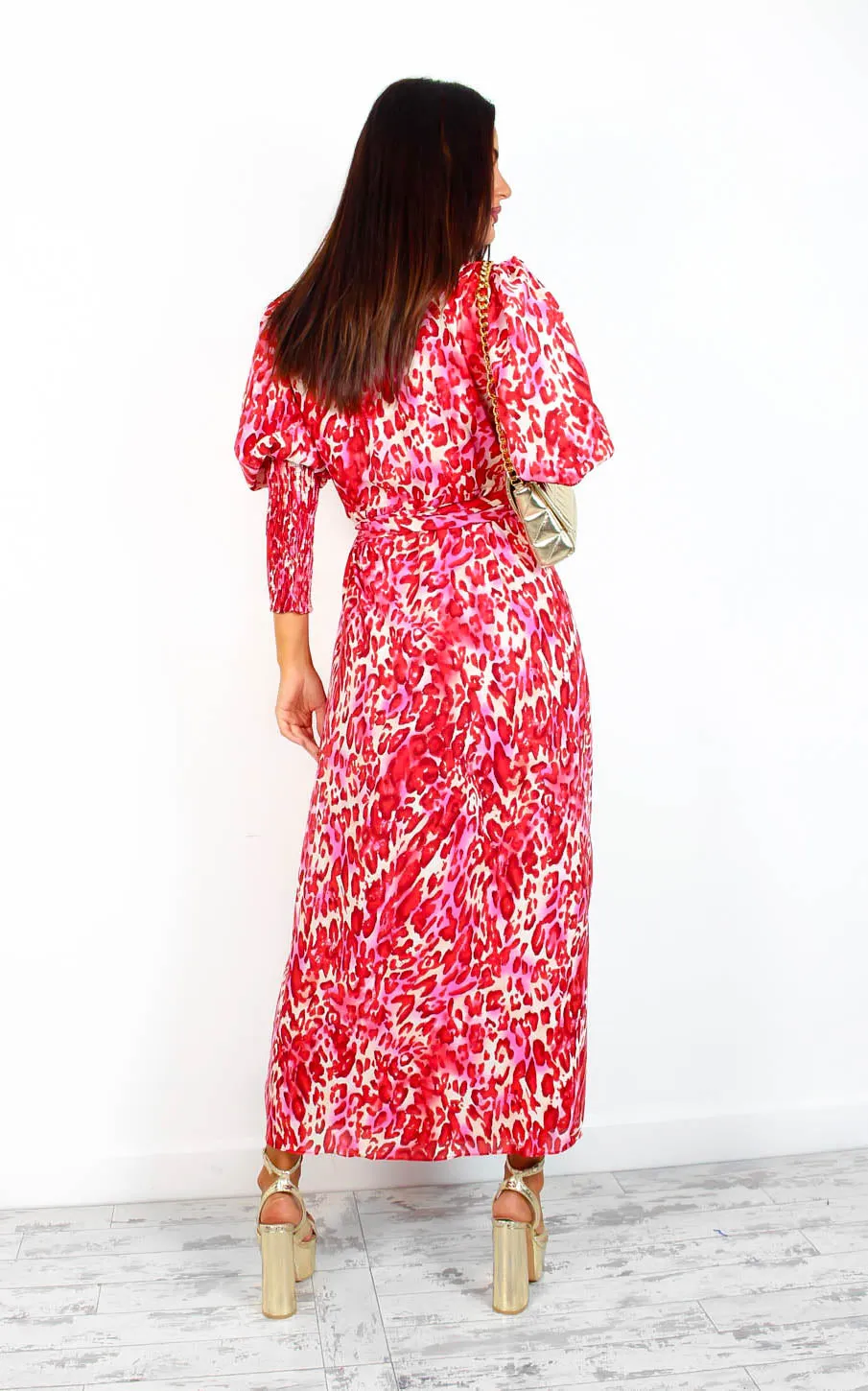 Drive Em Wild - Red Beige Animal Print Midi Wrap Dress