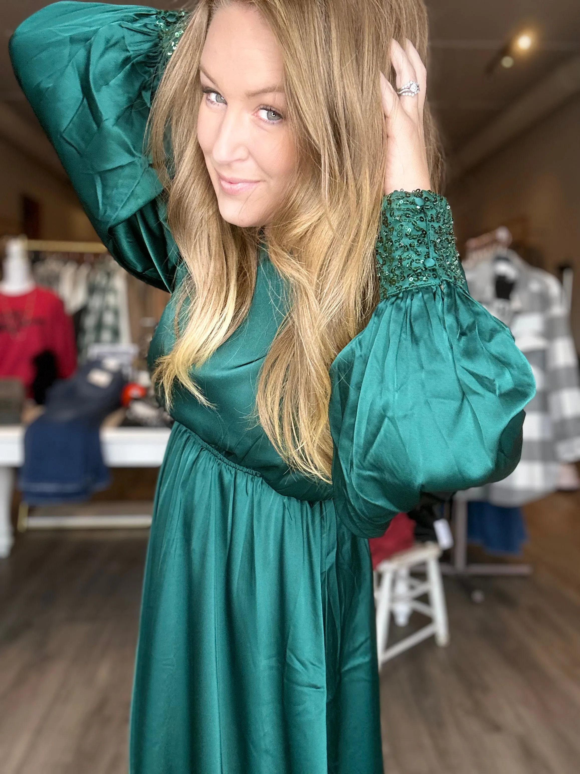 Hunter Green Sequin Cuff Dress