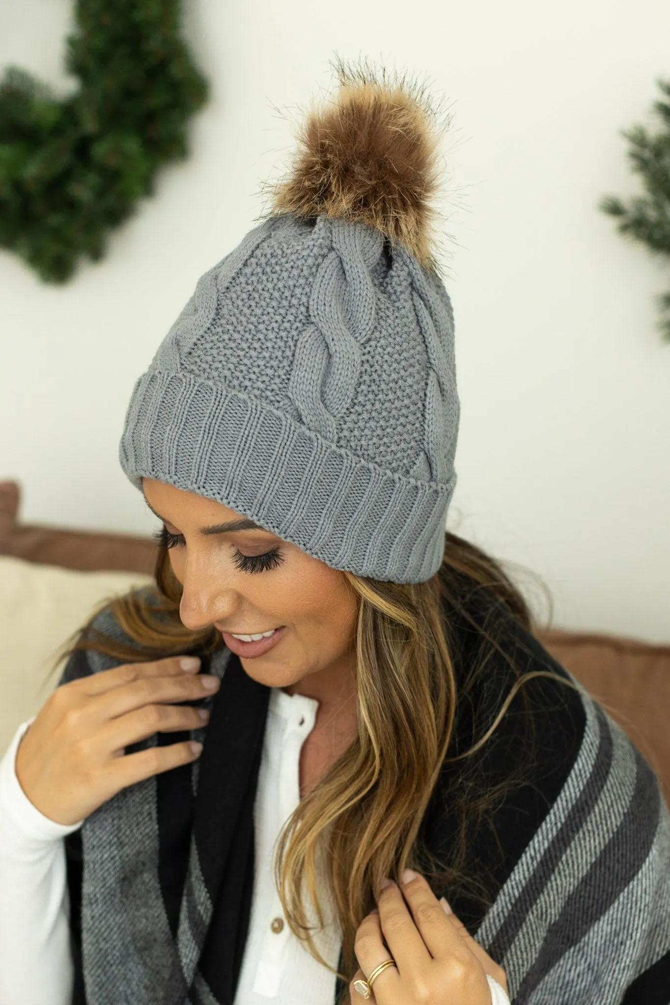 IN STOCK Carly Cable Knit Beanie - Gray