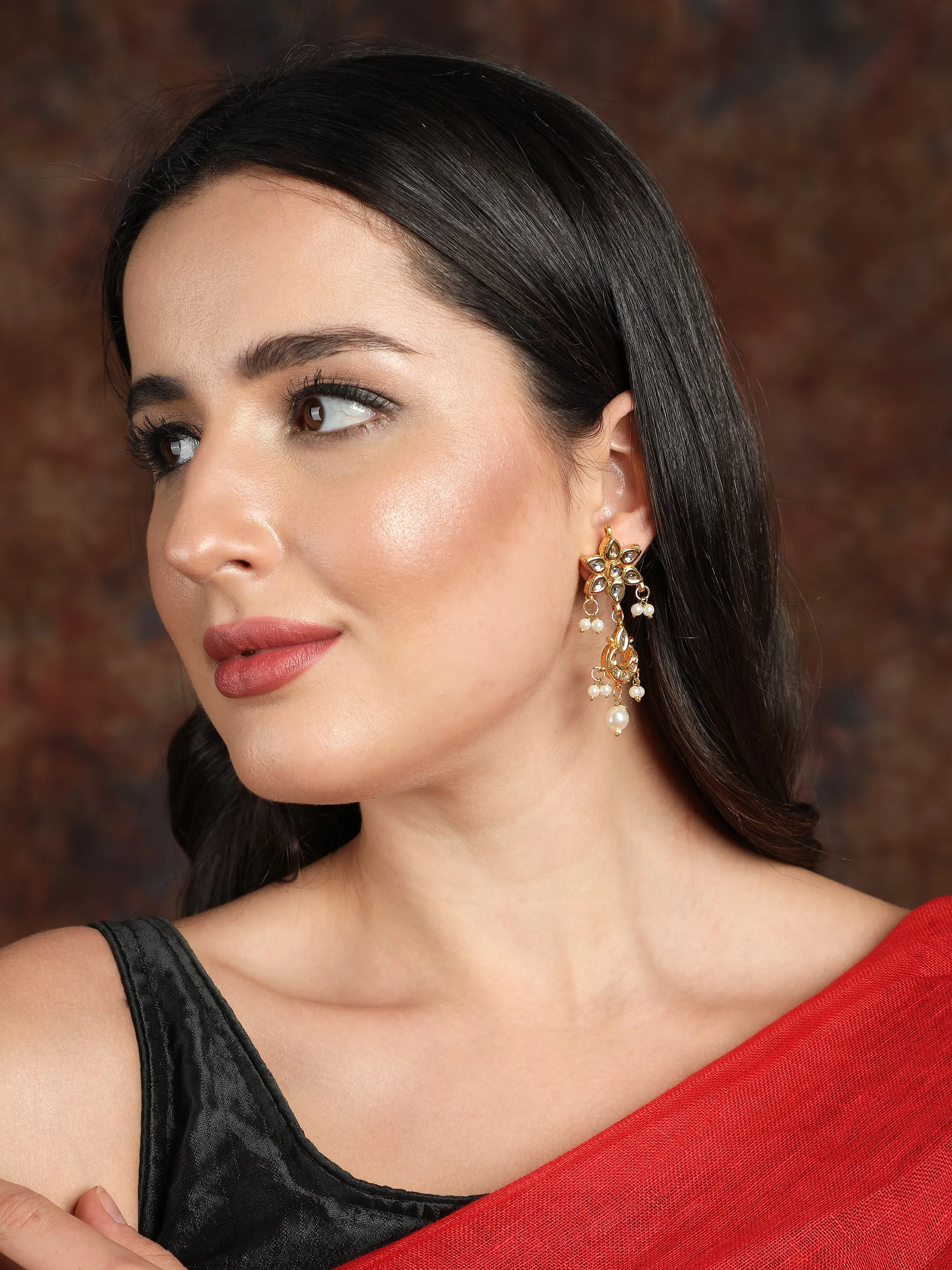 Ishin Gold Toned Pearl Kundan Drop Earrings