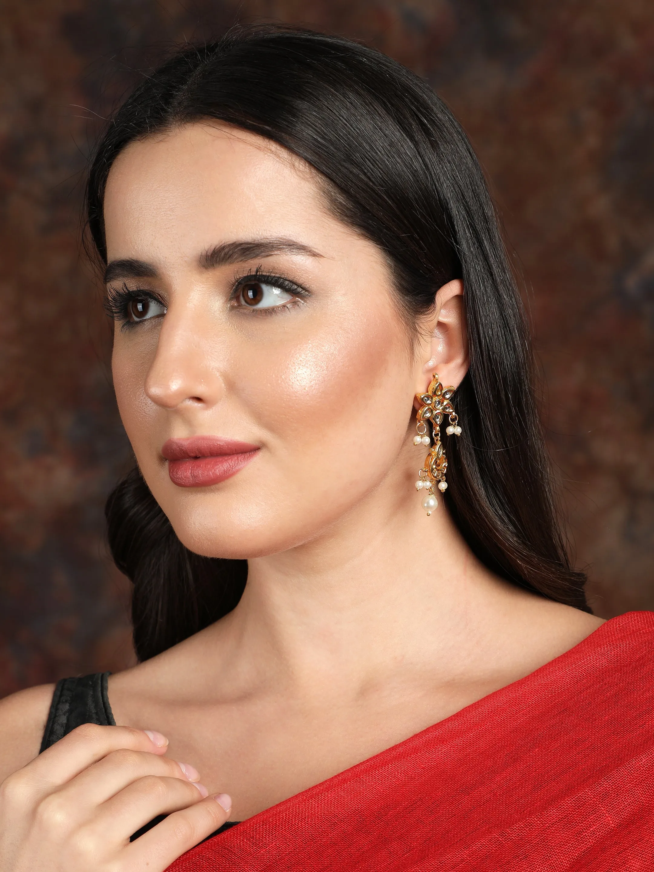Ishin Gold Toned Pearl Kundan Drop Earrings