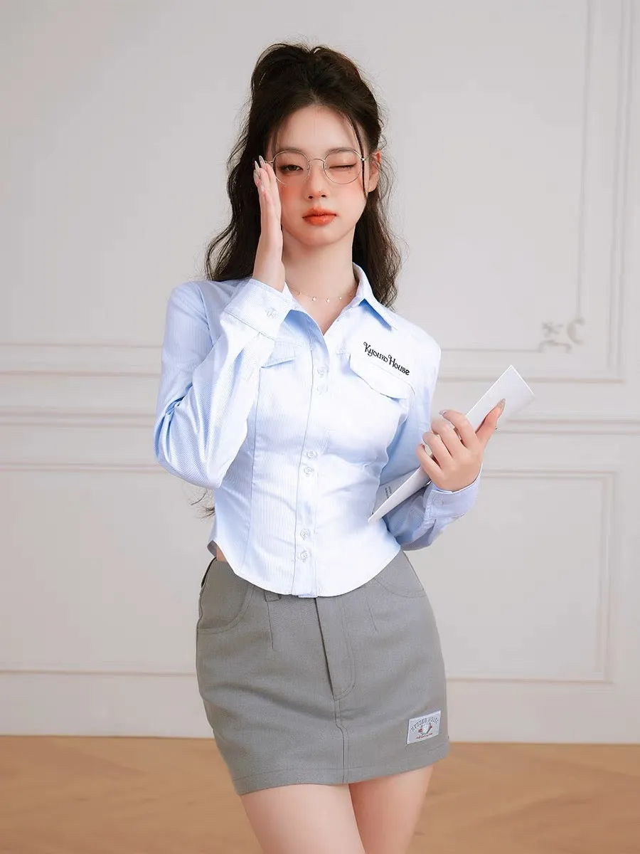 Korean Preppy Style Gray Pencil Mini Skirt