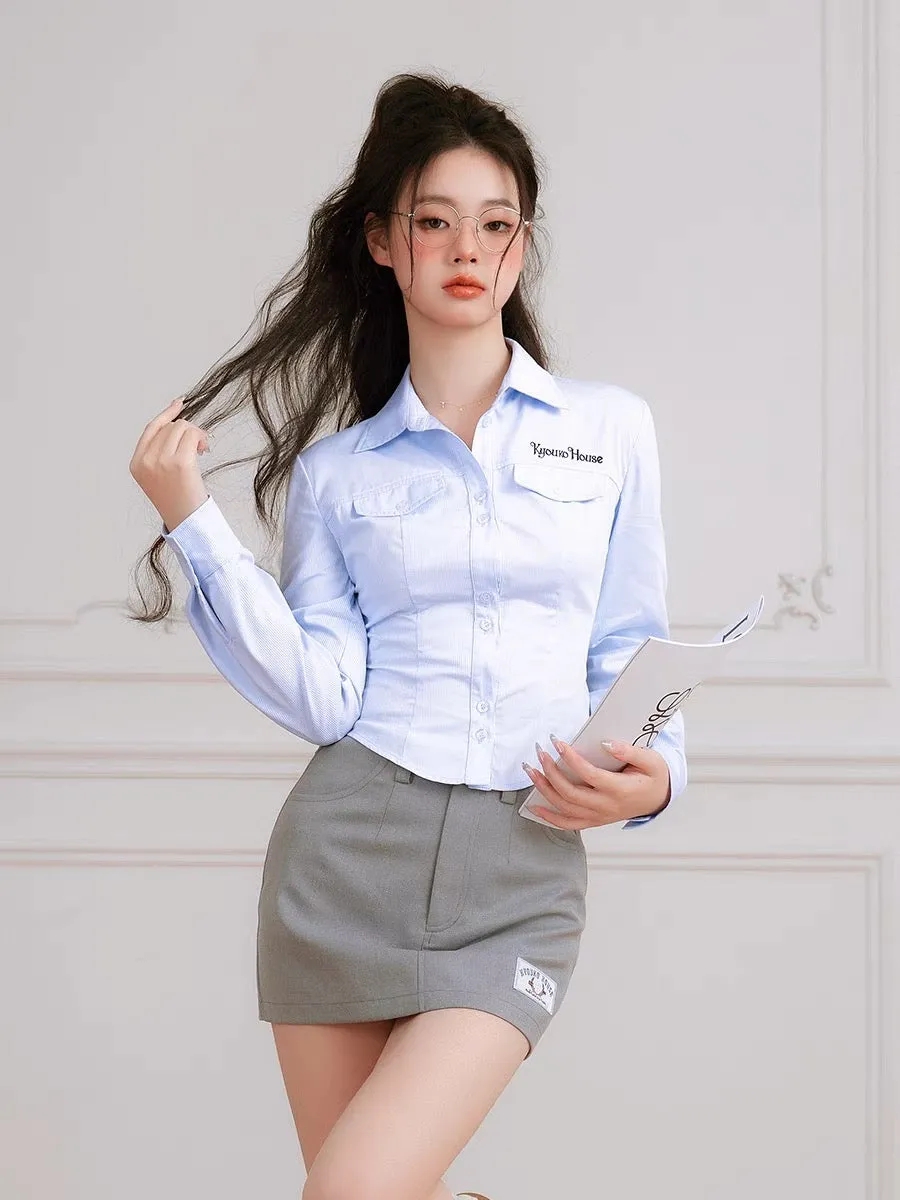 Korean Preppy Style Gray Pencil Mini Skirt