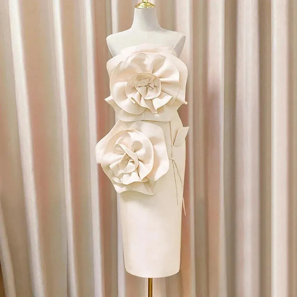 Midi Dress for Women - Elegant Pink & White Strapless Design with Sexy Tight Fit & 3D Flower Detail - Celebrity Party Dress Summer 2024