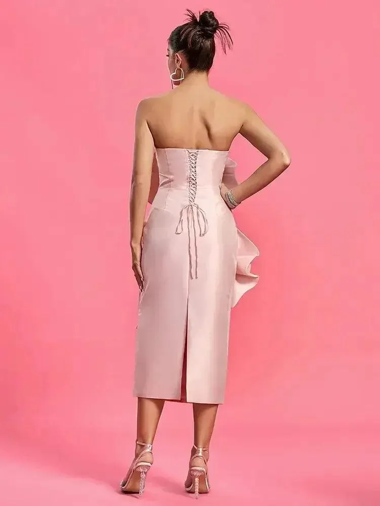Midi Dress for Women - Elegant Pink & White Strapless Design with Sexy Tight Fit & 3D Flower Detail - Celebrity Party Dress Summer 2024