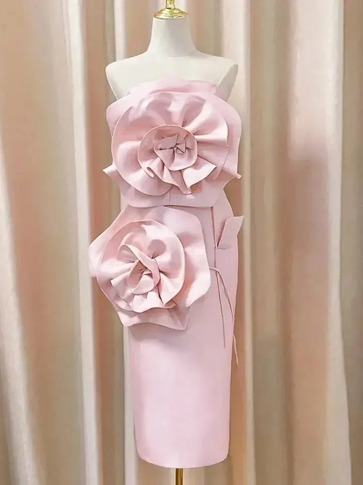 Midi Dress for Women - Elegant Pink & White Strapless Design with Sexy Tight Fit & 3D Flower Detail - Celebrity Party Dress Summer 2024