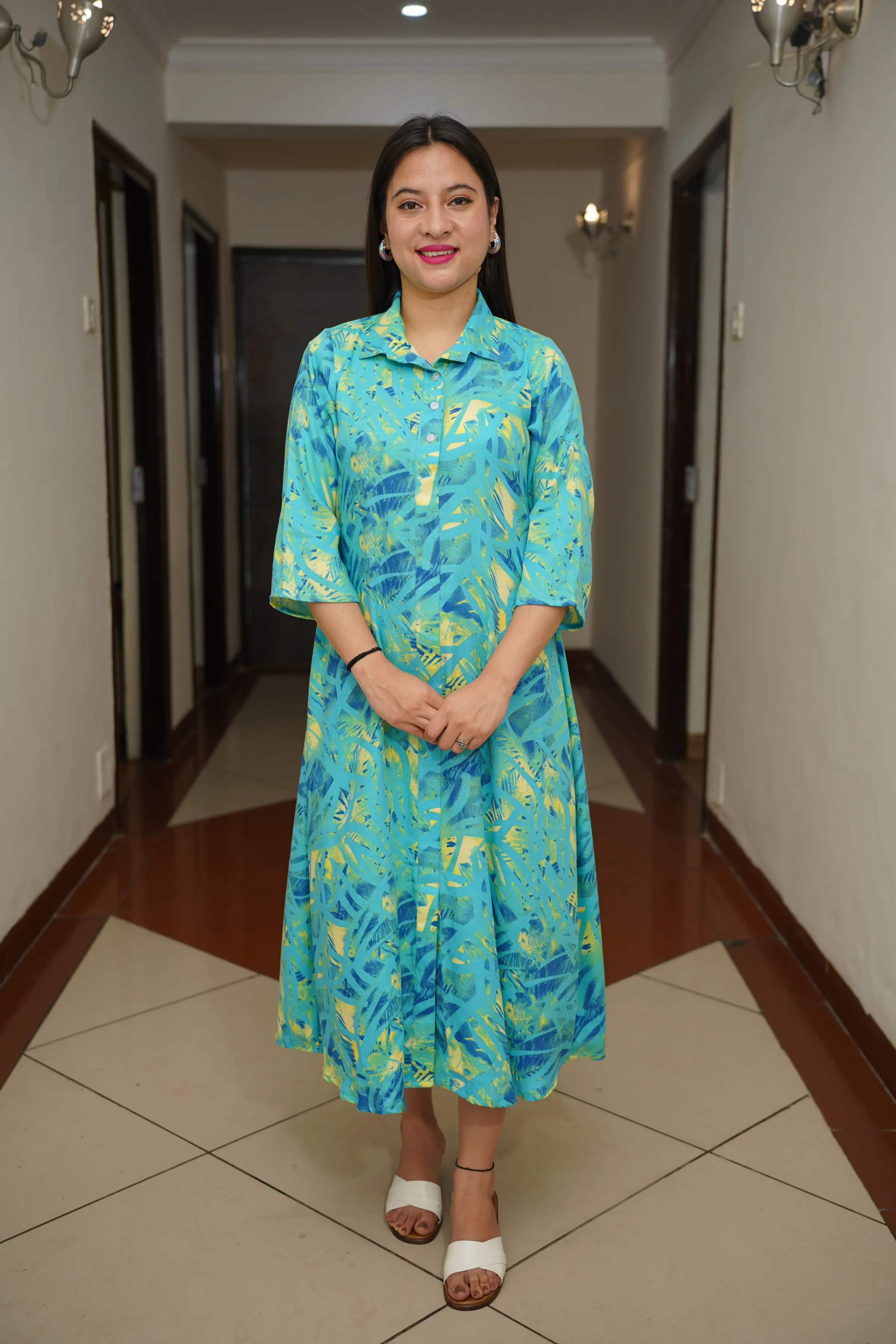 Neon Blue Leafy Maxi Dress