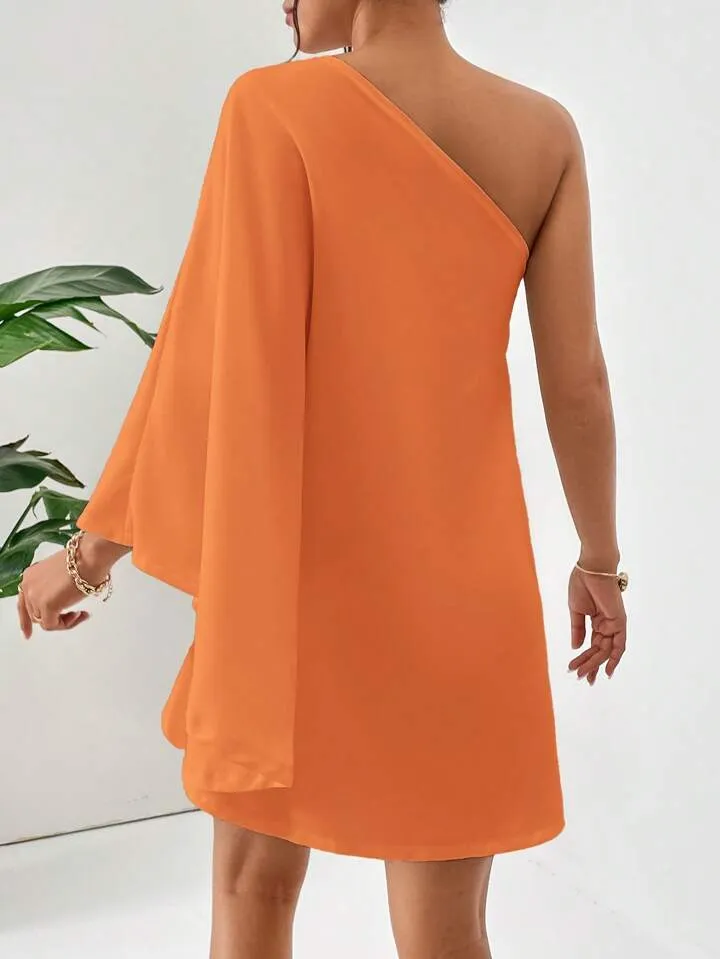 One shoulder batwing sleeve dress in orange