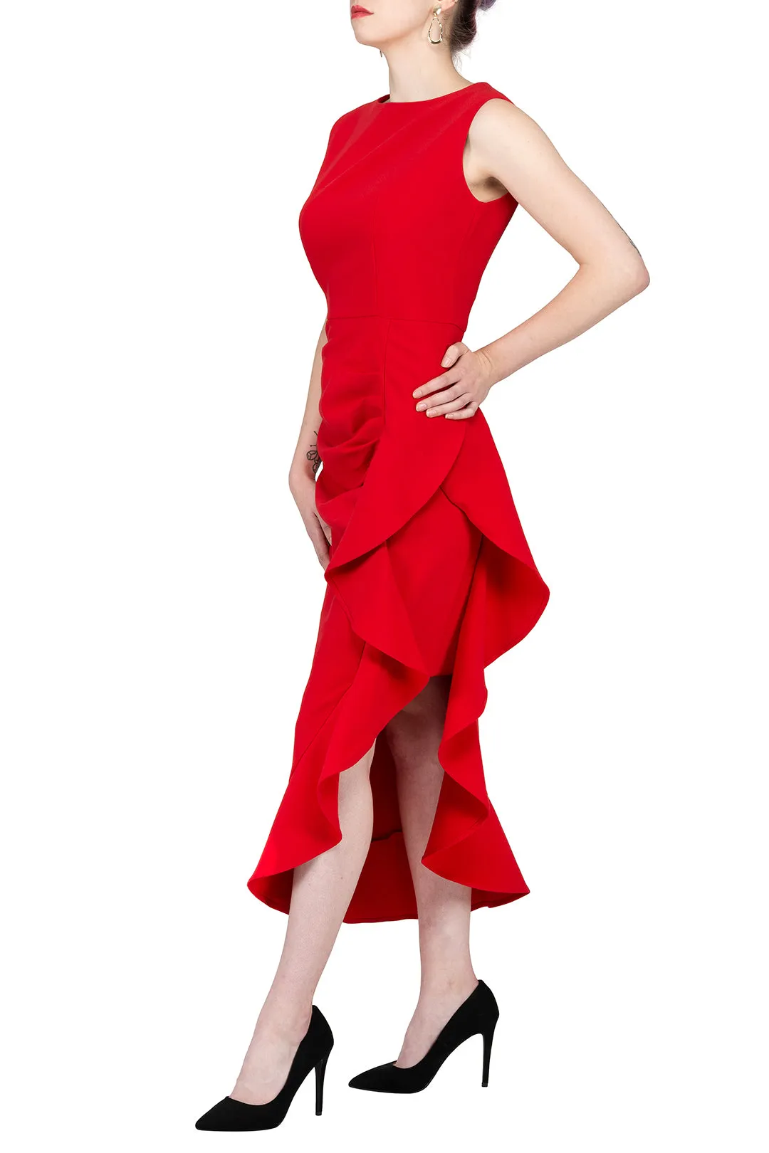 SCANDINAVIA-Sleeveless Ruffle Accent Side Draped Dress